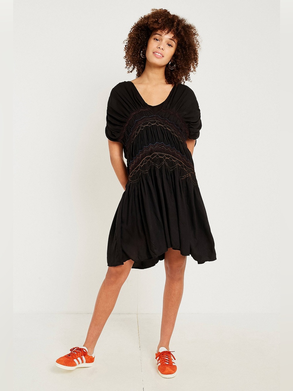 Free People Black V-Neck Smocked Mini Dress with Multicolor Embroidery Sz Small